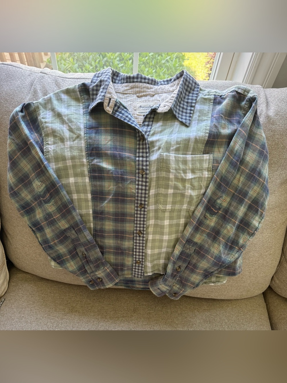 American Eagle Outfitters Patchwork Plaid Button-Down Shirt - Green/Blue